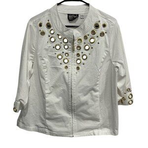 Bob Mackie Womens XL White Jacket Gold Grommet 3/4 Sleeve Front Zip Wearable Art